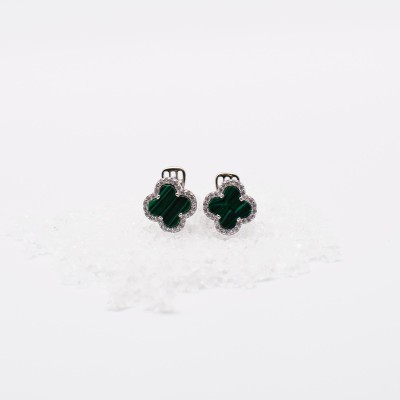 Stříbrné náušnice  zelený achát a zirkony - čtyřlístek