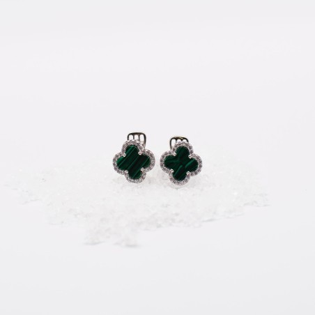 Stříbrné náušnice  zelený achát a zirkony - čtyřlístek