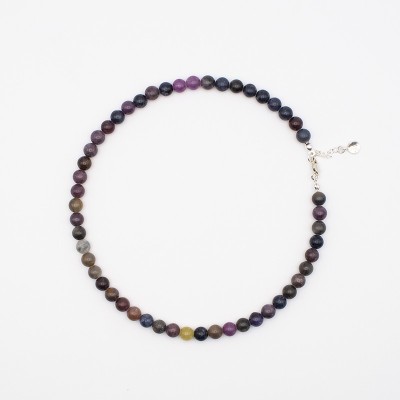 Safírový - rubínový náhrdelník, přírodní kuličky / Stříbro 925.