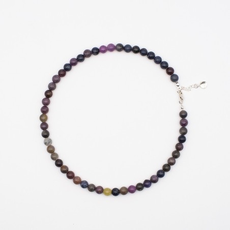 Safírový - rubínový náhrdelník, přírodní kuličky / Stříbro 925.