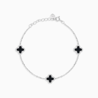 Stříbrný řetízkový náramek s onyxovými  čtyřlístky/ Elegantní šperk.