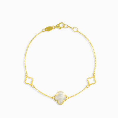 Zlatý 14kt náramek se třemi čtyřlístky / Perleťový kámen.