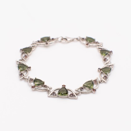 Vltavínový náramek s českými granáty ve stříbře 925/ Pravý český šperk.