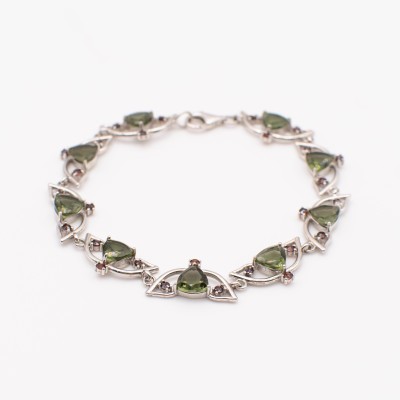 Vltavínový náramek s českými granáty ve stříbře 925/ Pravý český šperk.